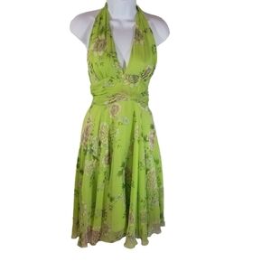 Vtg y2k green floral silk halter dress